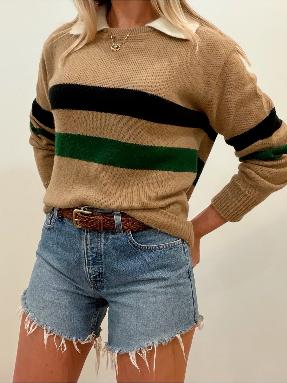 Vintage 70’s Collared Striped Crewneck Sweater in Camel/Navy/Green